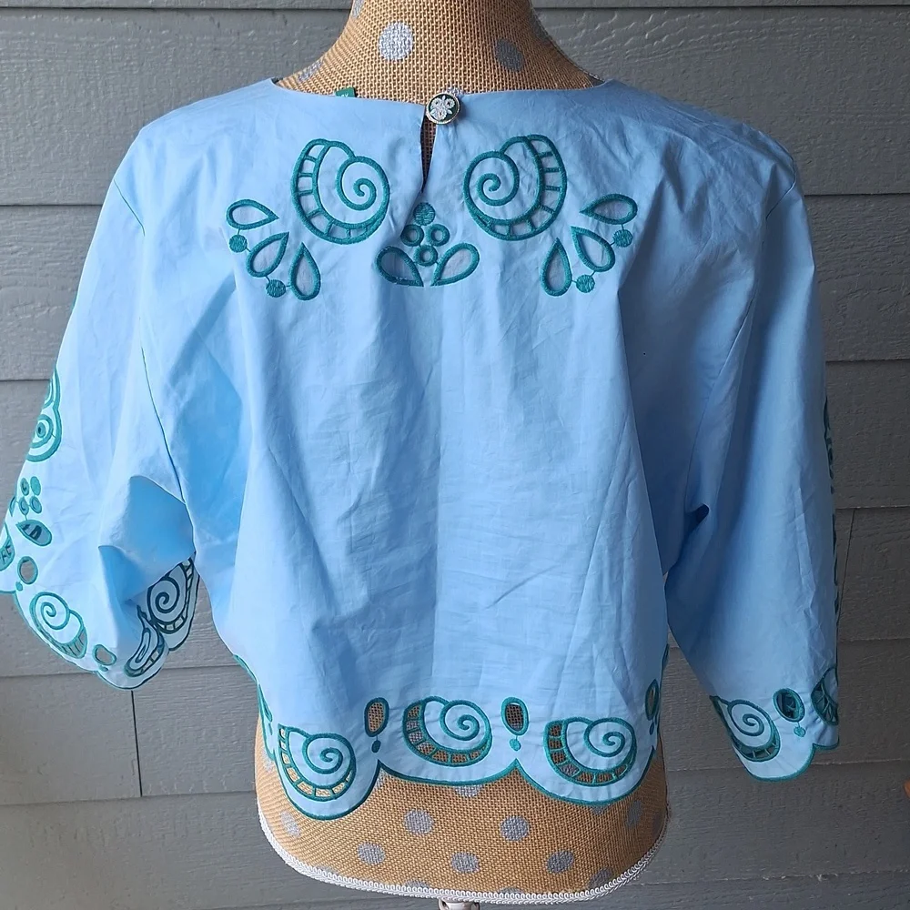 Farm Rio Richelieu Light Blue And Green Cropped Scalloped Hem Top Size XL Cotton - Picture 9 of 15